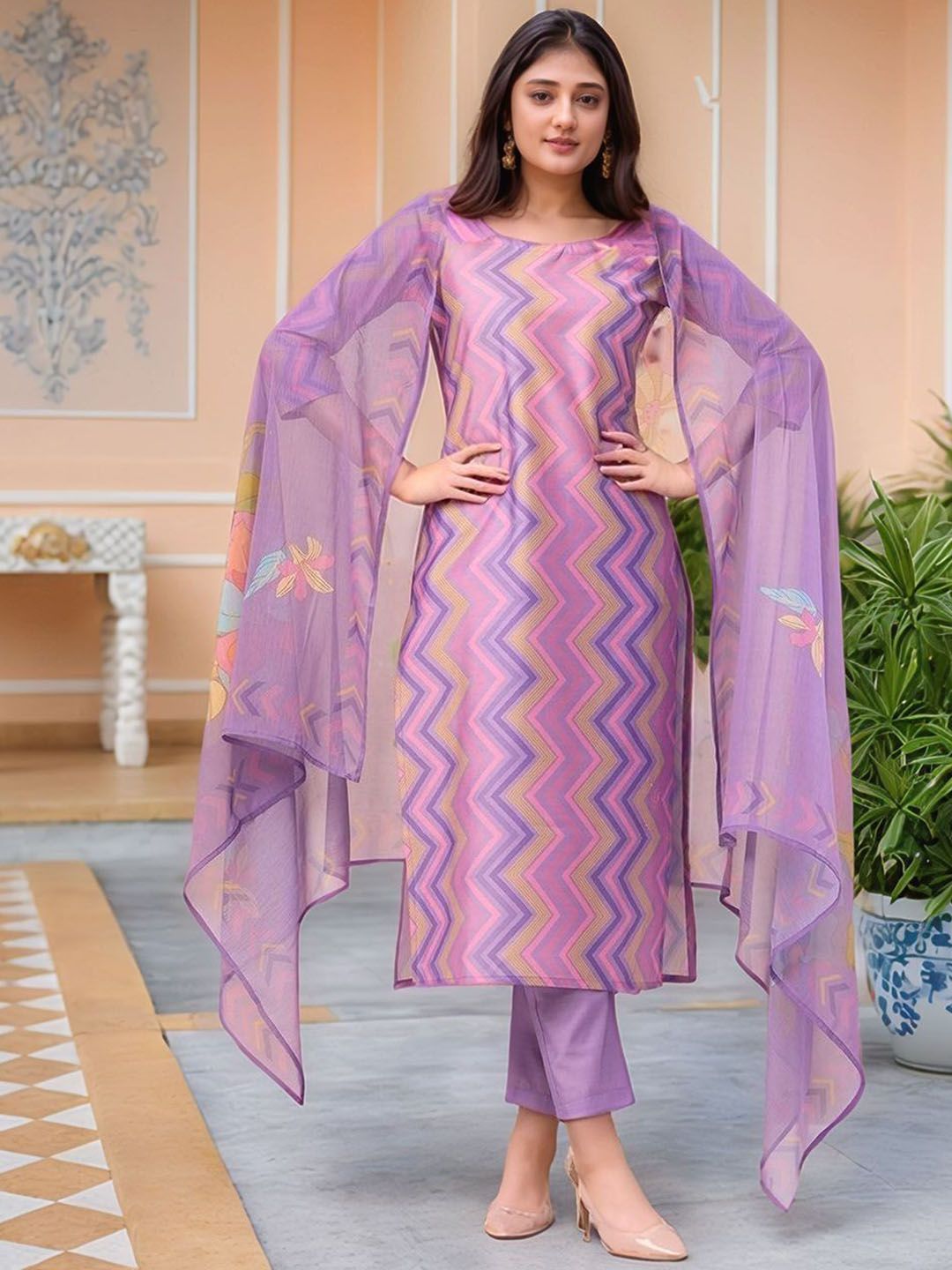 Dhiyona KL Women Striped Printed Regular Kurta with Trousers & With Dupatta