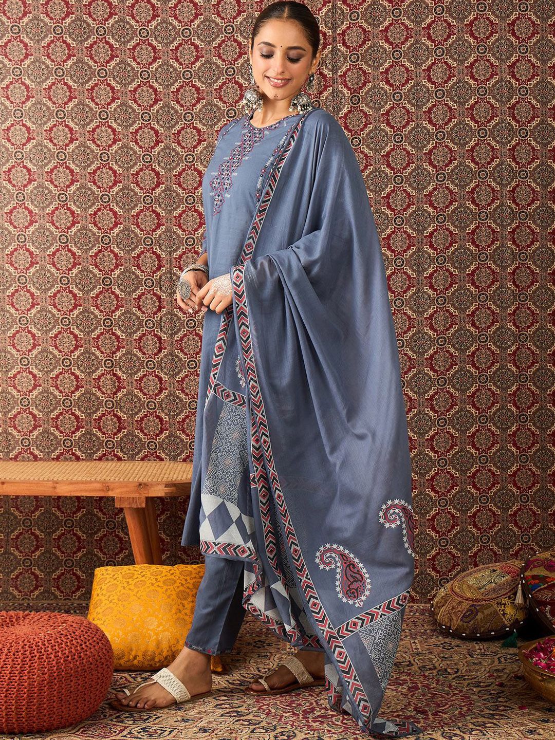 Women Pure Cotton Straight Kurta Trousers With Dupatta set