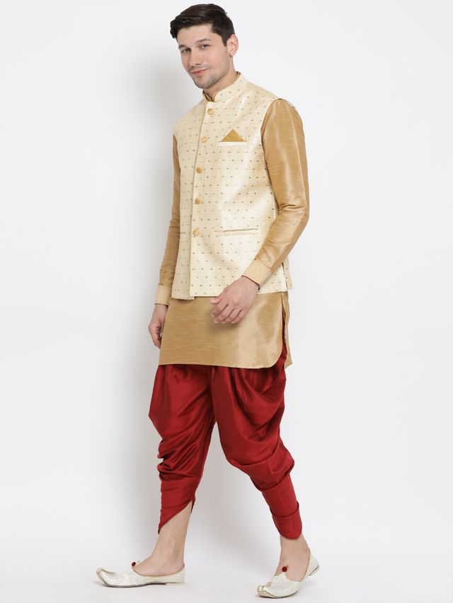 Men's Rose Gold Silk Blend Straight Jacket  Kurta and Dhoti Set