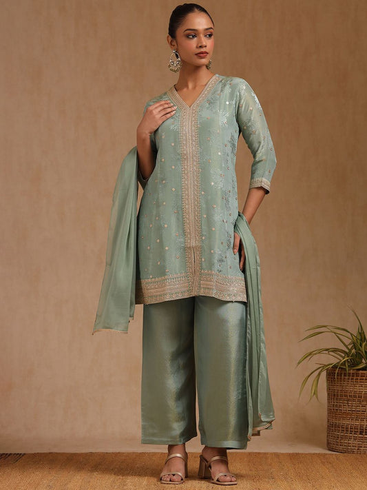 Dhiyona SO Women's Floral Embroidered Regular Sequinned Straight Kurta with Palazzos & Dupatta
