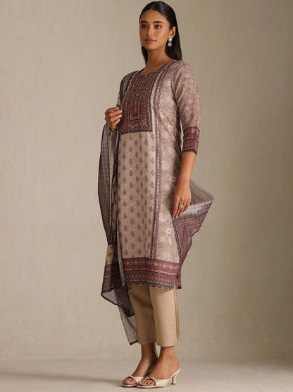 Dhiyona SO Women's Floral Printed Notch Neck Beads and Stones Linen Kurta With Trousers & Dupatta