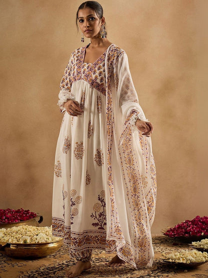 Women Floral Printed Empire Pure Cotton Kurta with Trousers & With Dupatta