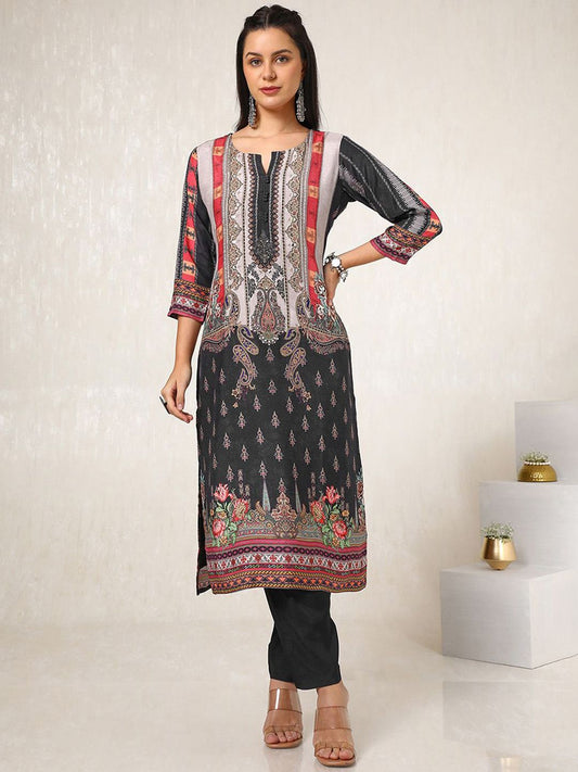 Dhiyona SO Women's Women Ethnic Motifs Printed Regular Sequinned Kurta with Trousers & With Dupatta