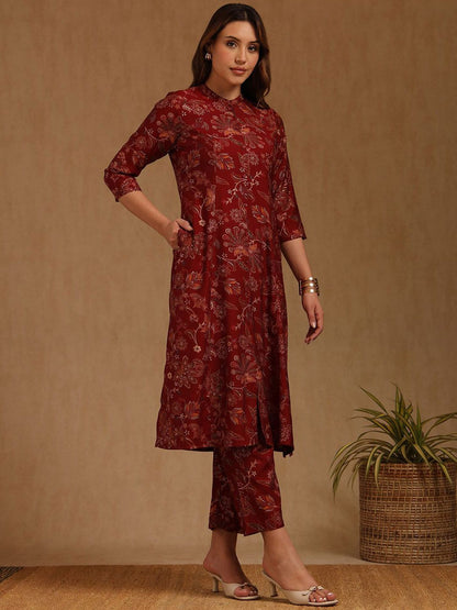 Dhiyona SO Women's Floral Printed Panelled Mandarin Collar A-Line Kurta With Trousers