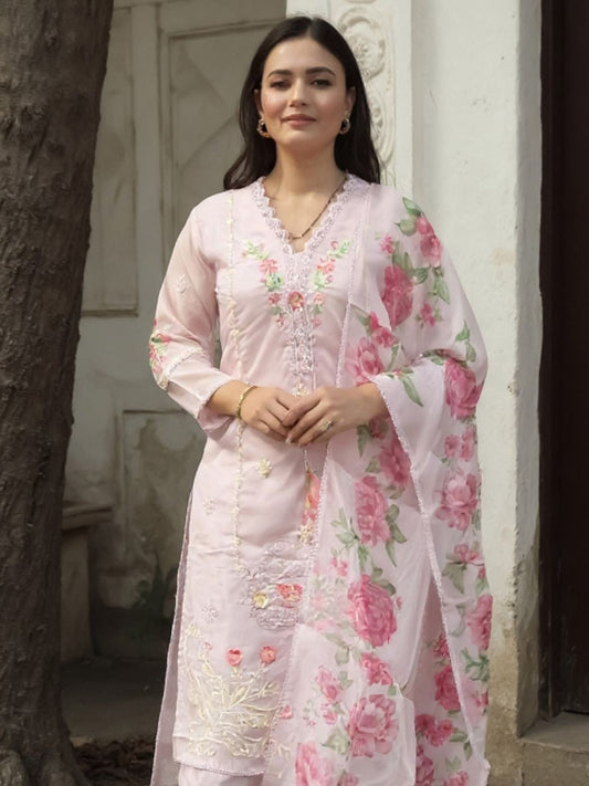 Dhiyona IE Women's Women Floral Embroidered Thread Work Kurta with Trousers & Dupatta