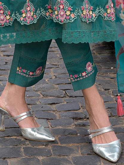 Floral Embroidered Thread Work Kurta With Trousers & Dupatta