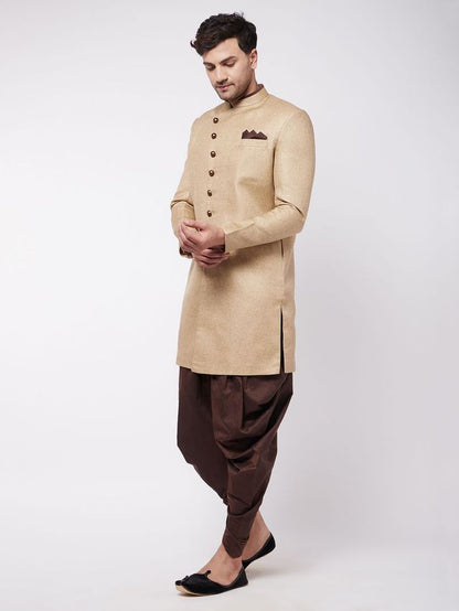 Men's Beige Polyester Lurex Blend Straight Sherwani Set