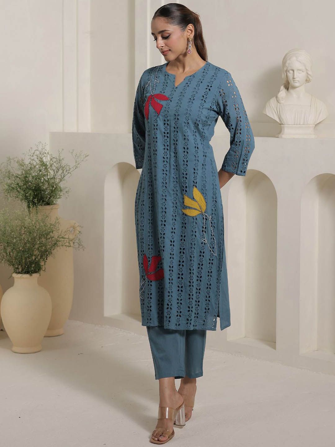 Women Embroidered Pure Cotton Kurta With Trouser