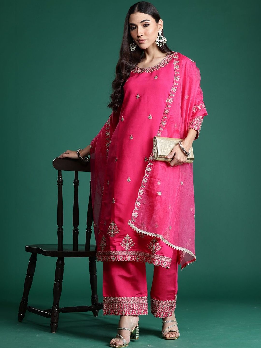 Women Ethnic Motifs Embroidered Regular Kurta with Trousers & With Dupatta