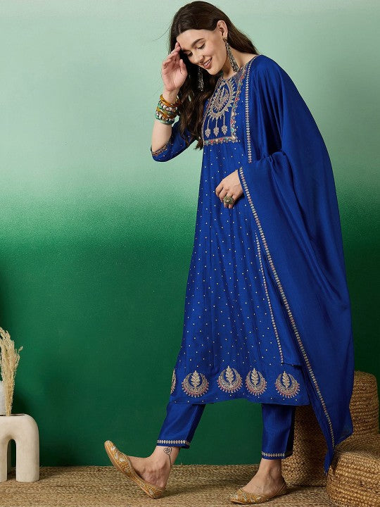 Women's Blue floral Embroidered A-Line Kurta & Trousers With Dupatta