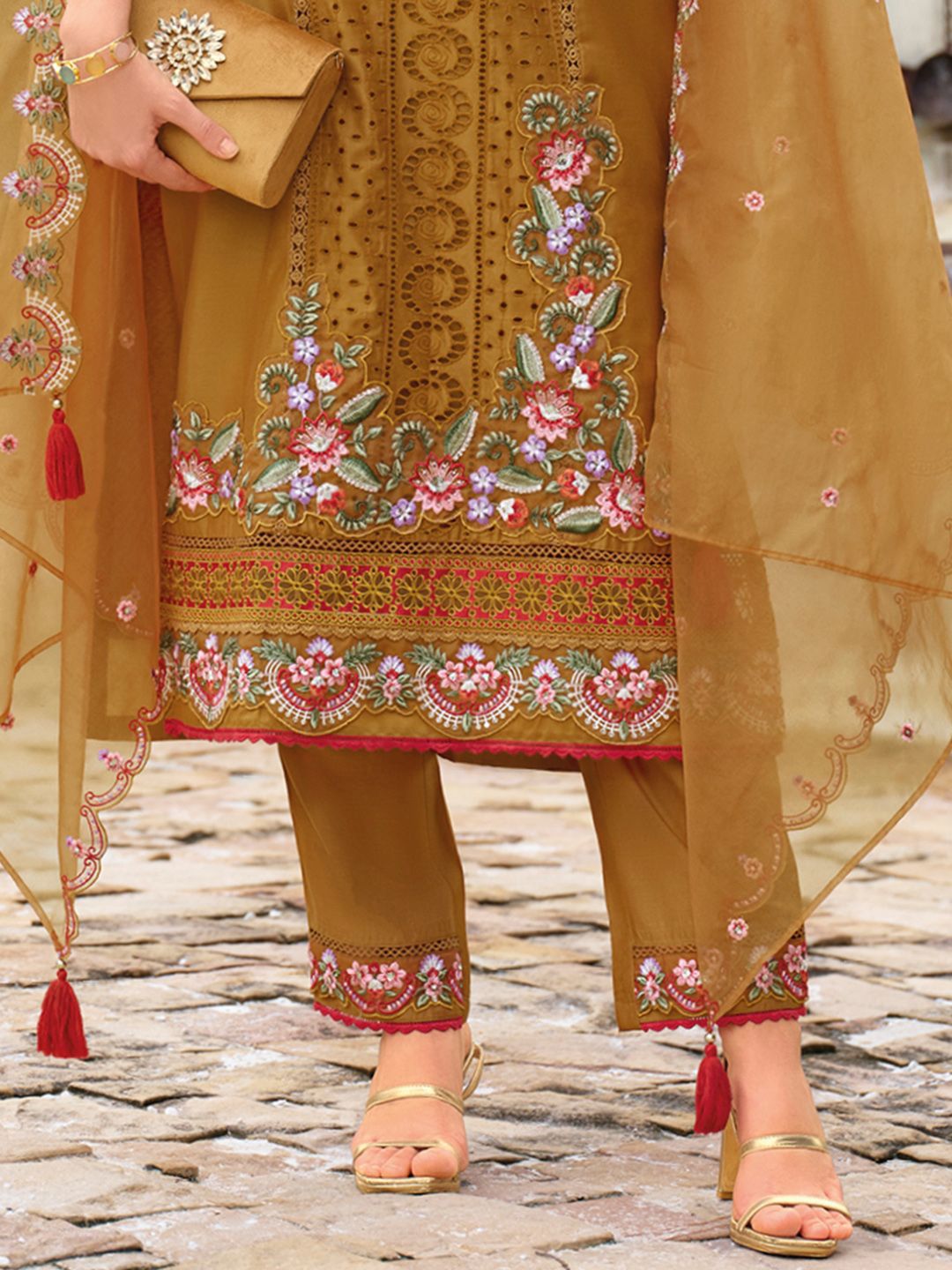 Adults-Women Woven Design Embroidered Kurta with Trousers & Dupatta
