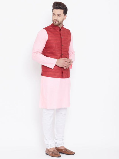 Men's Pink Cotton Blend Straight Jacket  Kurta and Pyjama Set