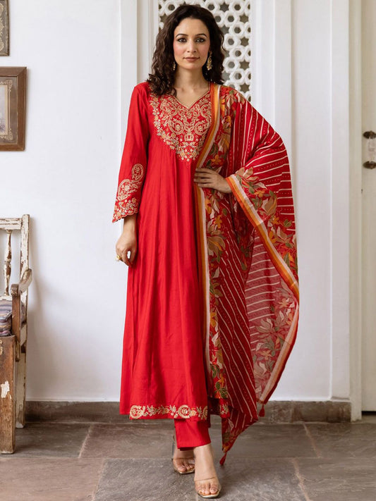 Dhiyona IE Women Ethnic Motifs Embroidered Empire Kurta with Trousers & With Dupatta