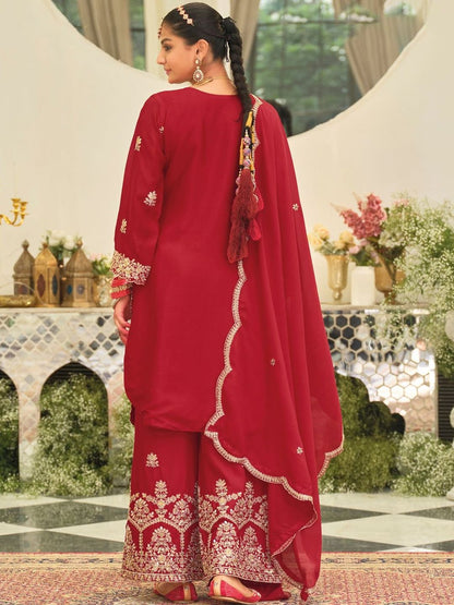 Ethnic Motifs Embroidered Straight Kurta With Palazzos & Dupatta