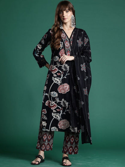Women Floral Printed Regular Pure Cotton Kurta with Trousers & With Dupatta