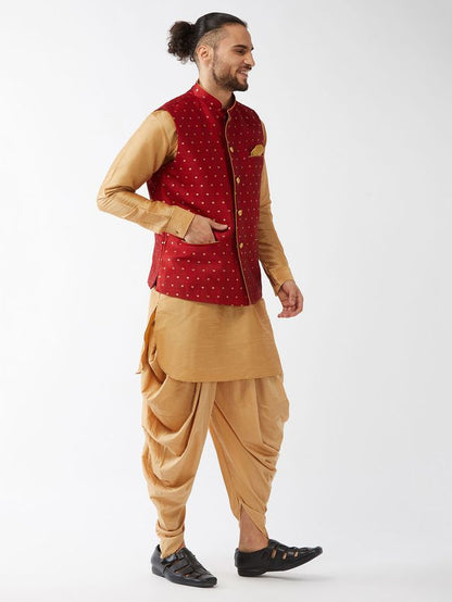Men's Rose Gold Silk Blend Straight Jacket  Kurta and Dhoti Set