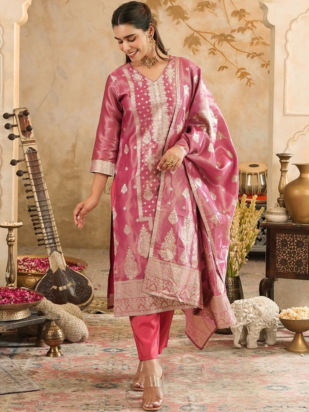 Dhiyona IE Women Ethnic Motifs Woven Design Kurta with Trousers & Dupatta