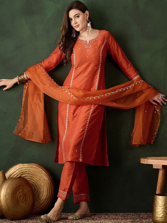 Dhiyona SN Women's Floral Embroidered Sequinned Straight Kurta & Trouser With Dupatta