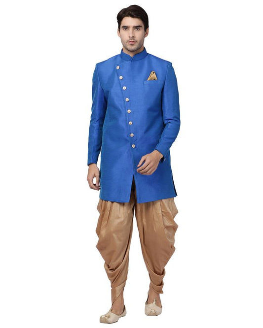Men's Blue Silk Blend Straight Sherwani Set