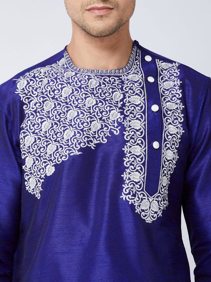 Men's Blue Silk Blend Angrakha Kurta and Dhoti Set