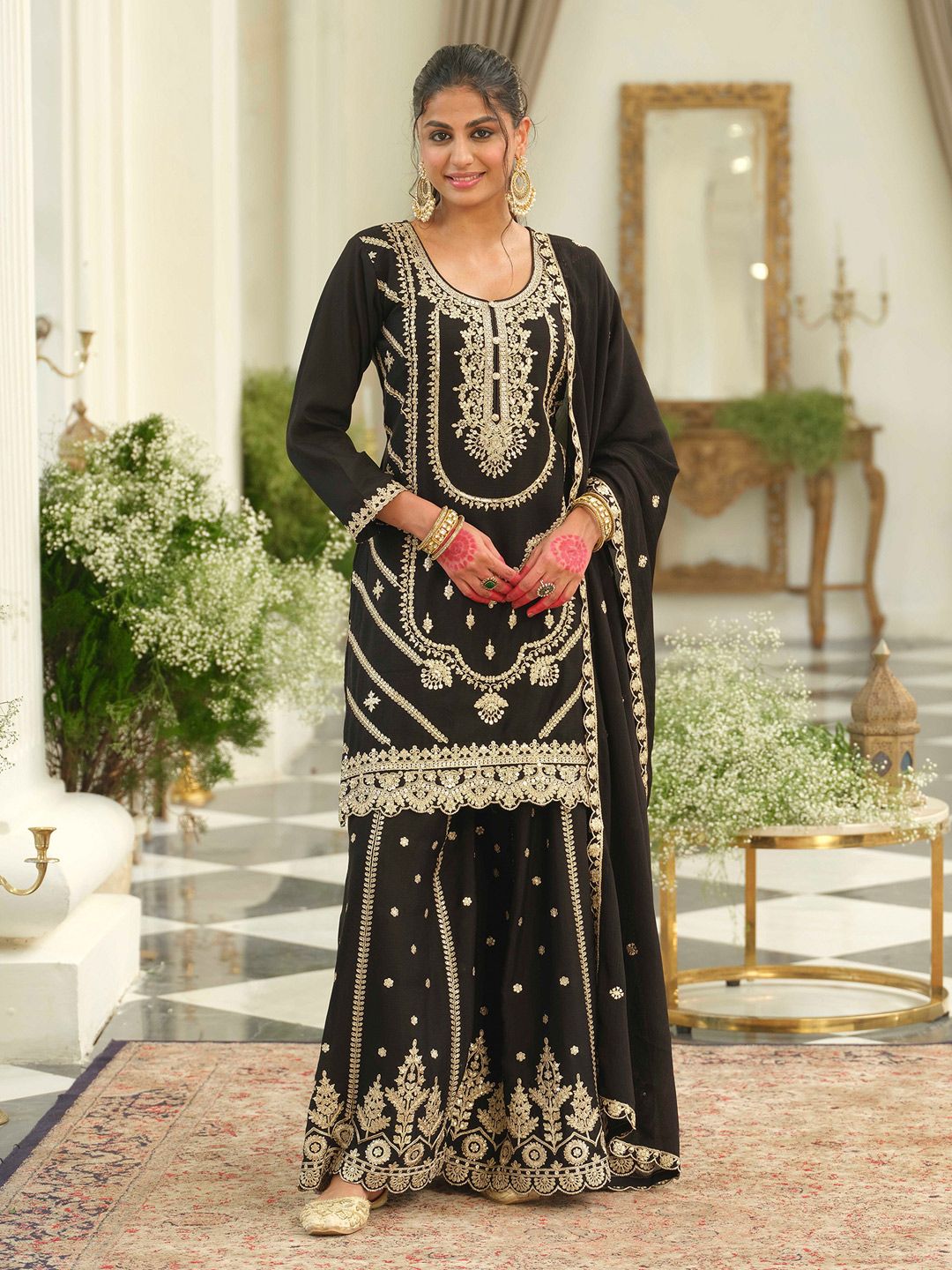 Dhiyona IE Ethnic Motifs Embroidered Chinon Straight Sequinned Kurta With Palazzos & Dupatta