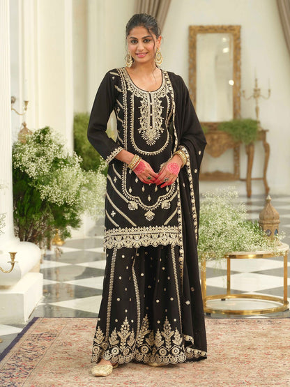 Ethnic Motifs Embroidered Chinon Straight Sequinned Kurta With Palazzos & Dupatta