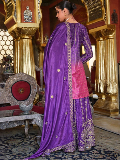 Dhiyona IE Ethnic Motifs Embroidered Thread Work Chinon Kurta with Sharara & With Dupatta