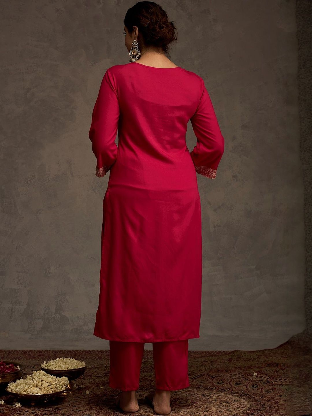 Embroidered Viscose Rayon Straight Thread Work Kurta With Trousers