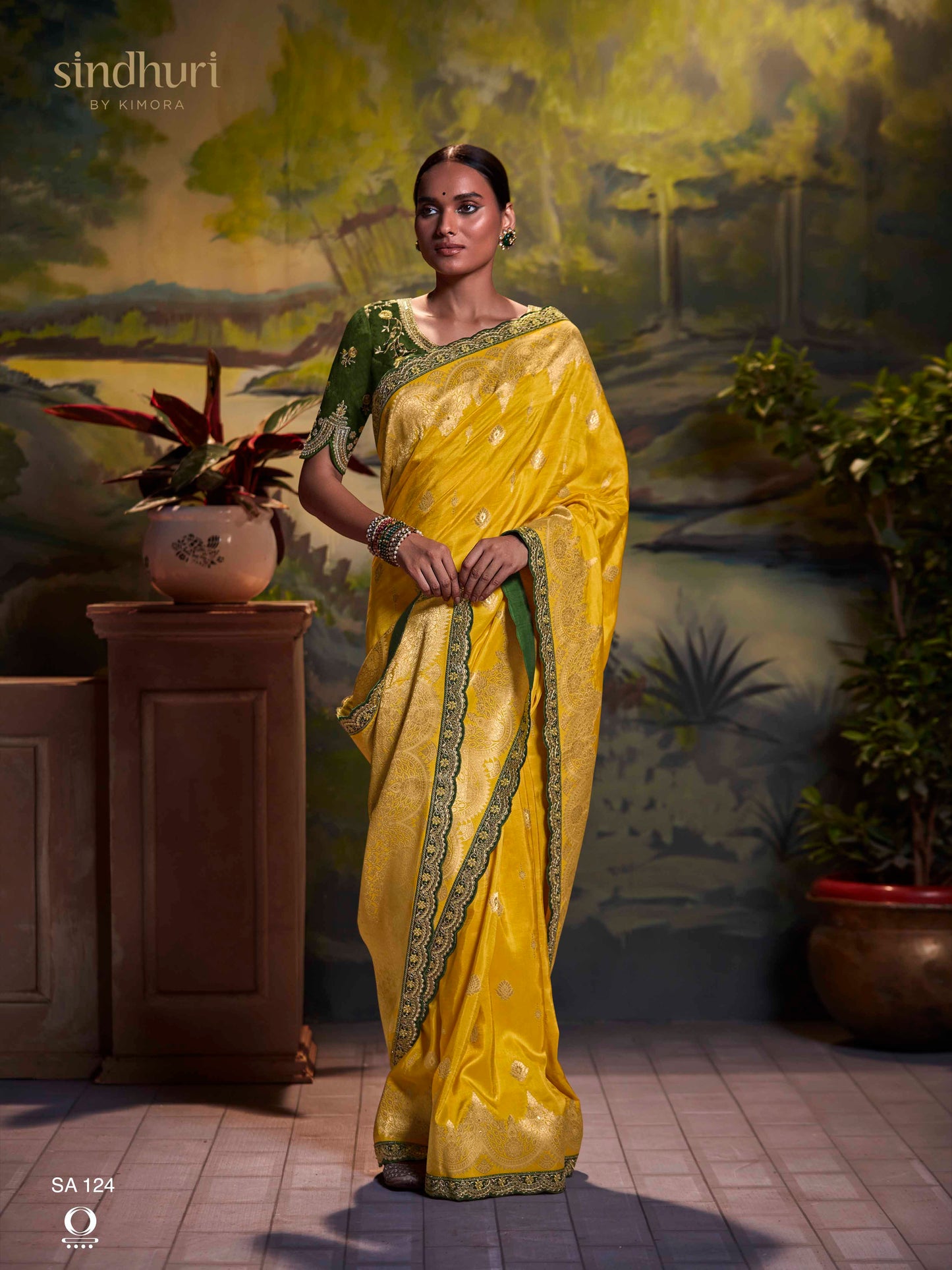 Dhiyona KM Women Yellow Pure Dola Silk Saree With Contrasting Green Embroidered Blousee