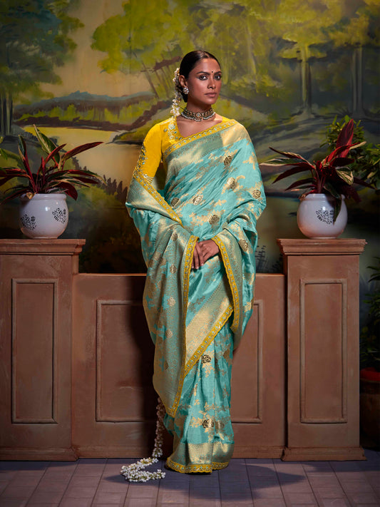 Dhiyona KM Women Sea Green Pure Dola Silk Floral Saree