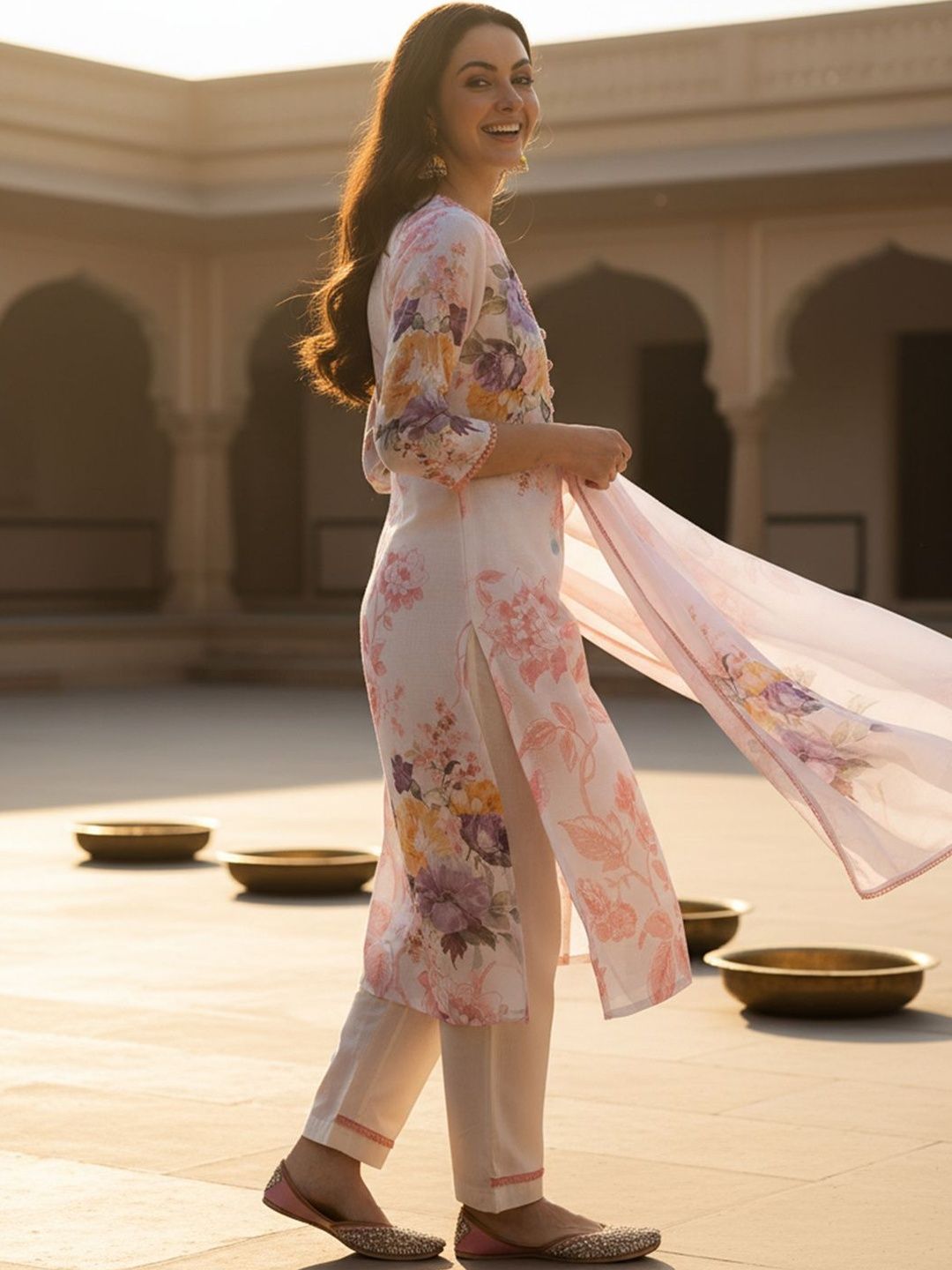 Floral Printed Linen Kurta With Trousers & Dupatta