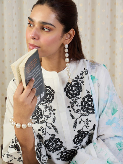 Floral Embroidered Thread Work Pure Cotton Kurta With Palazzos & Dupatta