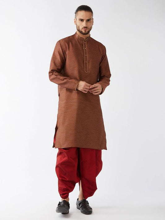 Men's Maroon Silk Blend Straight Kurta and Dhoti Set