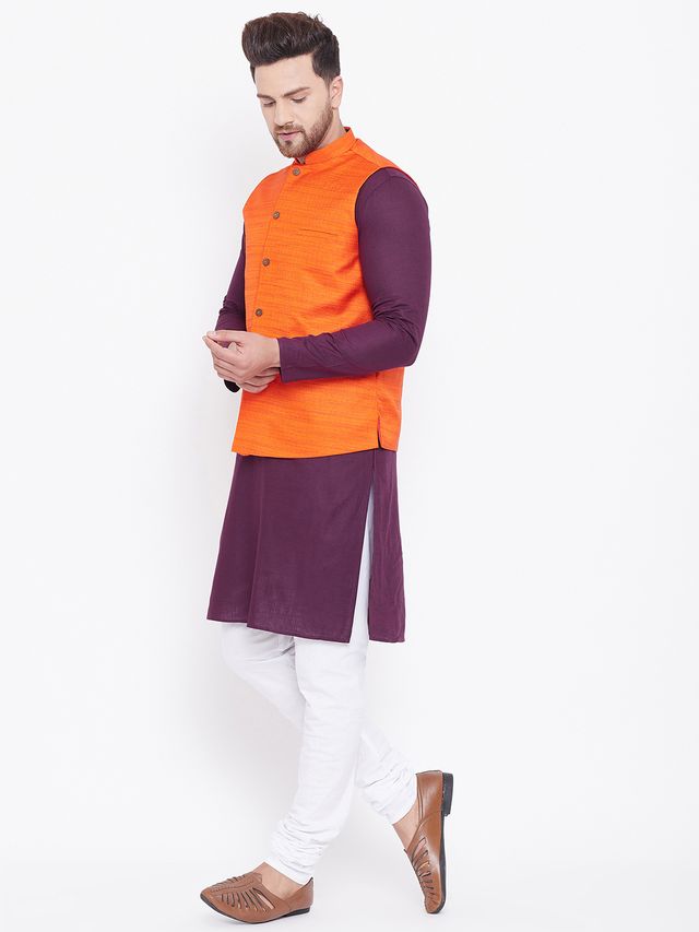 Men's Purple Cotton Blend Straight Jacket  Kurta and Pyjama Set