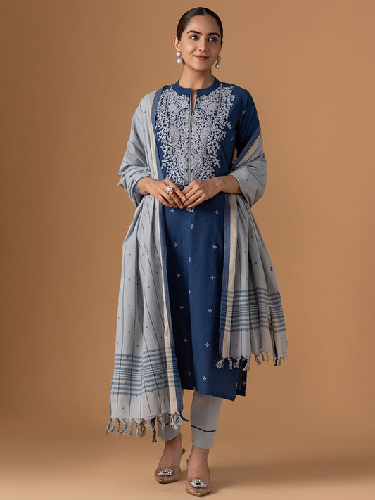 Dhiyona WP Women Ethnic Motifs Embroidered Regular Thread Work Pure Cotton Kurta with Trousers & With Dupatta