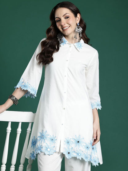 Dhiyona IE Embroidered Pure Cotton Shirt Collar Tunic With Trousers Co-Ords