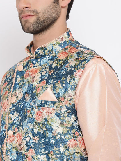 Men's Peach Cotton Silk Straight Jacket  Kurta and Pyjama Set