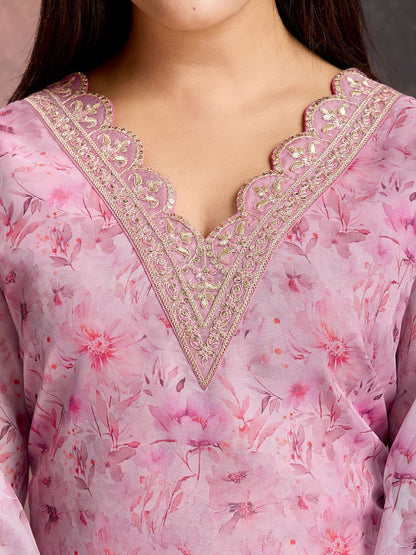 Dhiyona PD Women Floral Printed & Embroidered Organza Kurta & Trousers with Net Dupatta