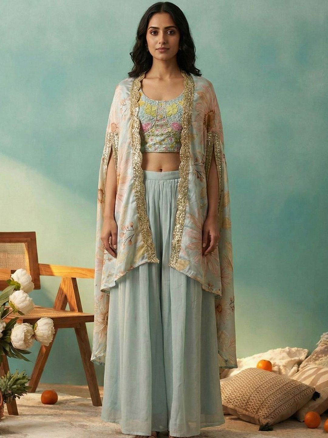 Dhiyona CH Women Floral Printed Layered Sequinned Kurta with Palazzos & With Dupatta