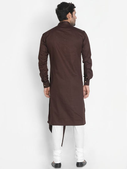 Men's Coffee Cotton Cotton Satin Asymmetric Kurta Pyjama Set