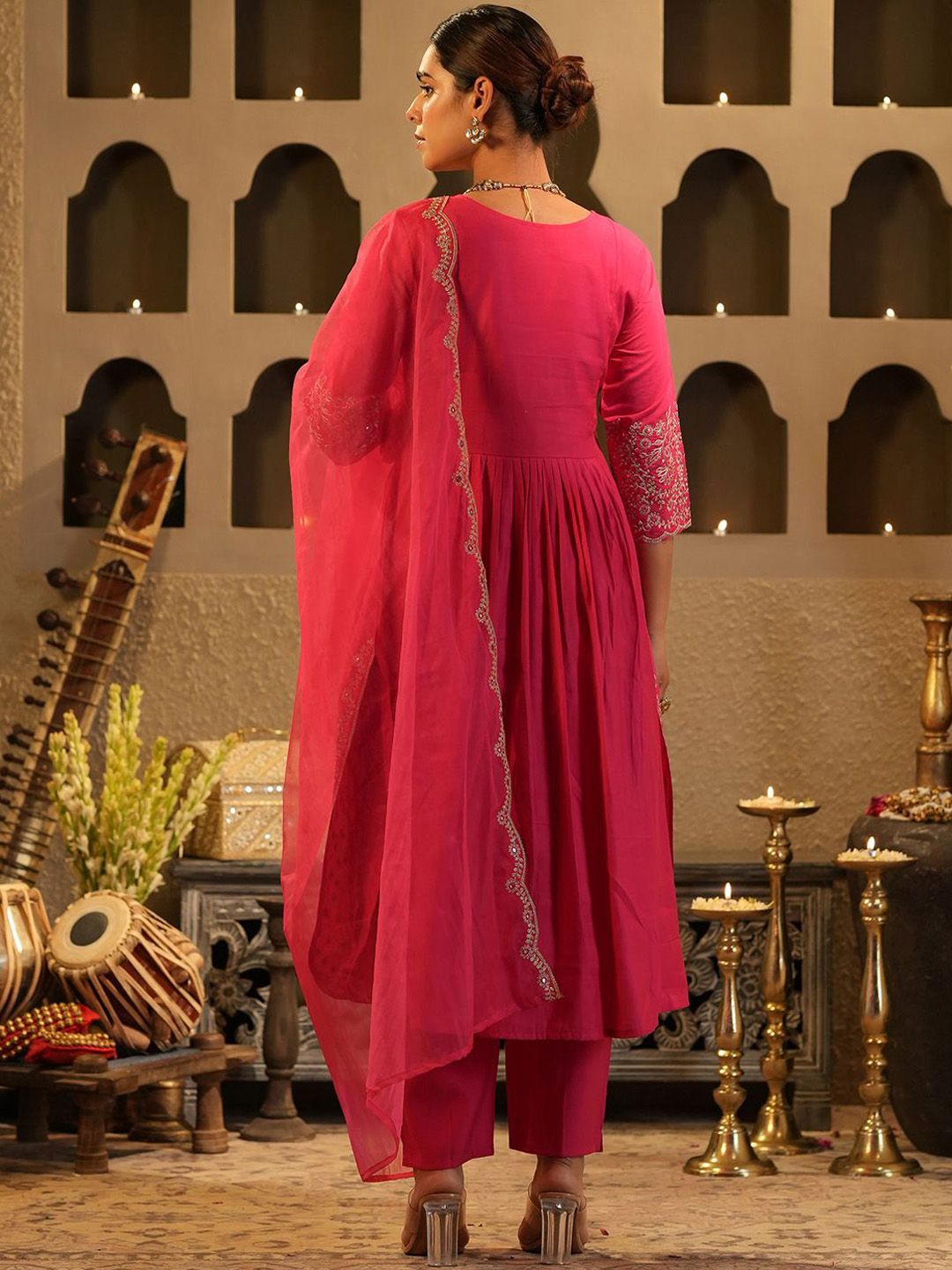Dhiyona IE Women's Floral Yoke Design V Neck Zari A-Line Kurta & Trousers With Dupatta