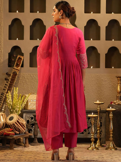 Dhiyona IE Women's Floral Yoke Design V Neck Zari A-Line Kurta & Trousers With Dupatta