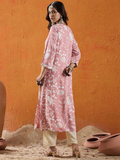 Dhiyona IE Floral Embroidered Thread Work Straight Kurta