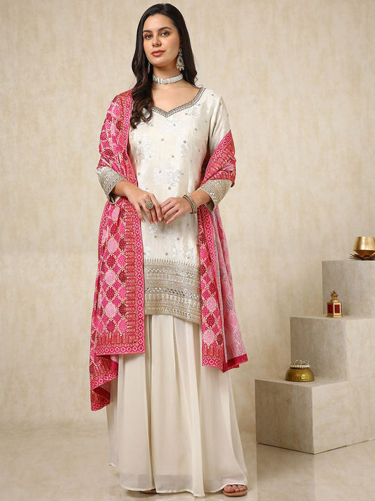 Dhiyona SO Women's Floral Embroidered Sequinned Straight Kurta with Palazzos & Dupatta