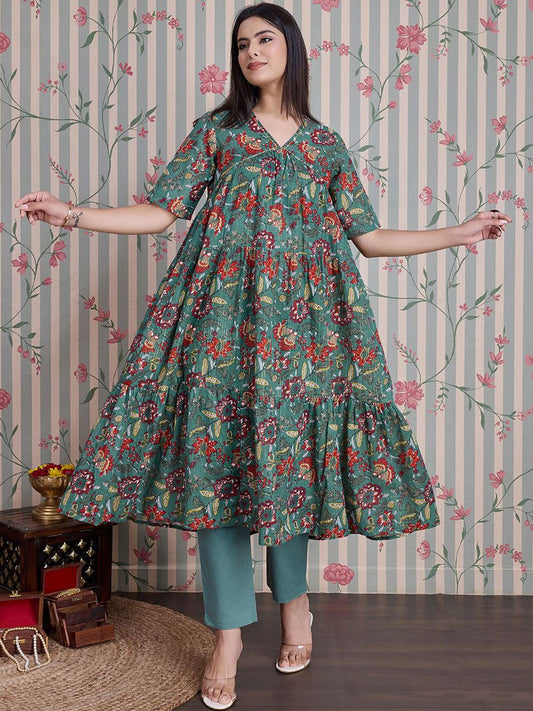Dhiyona OD  Floral Printed Pure Cotton Anarkali Kurta with Trousers