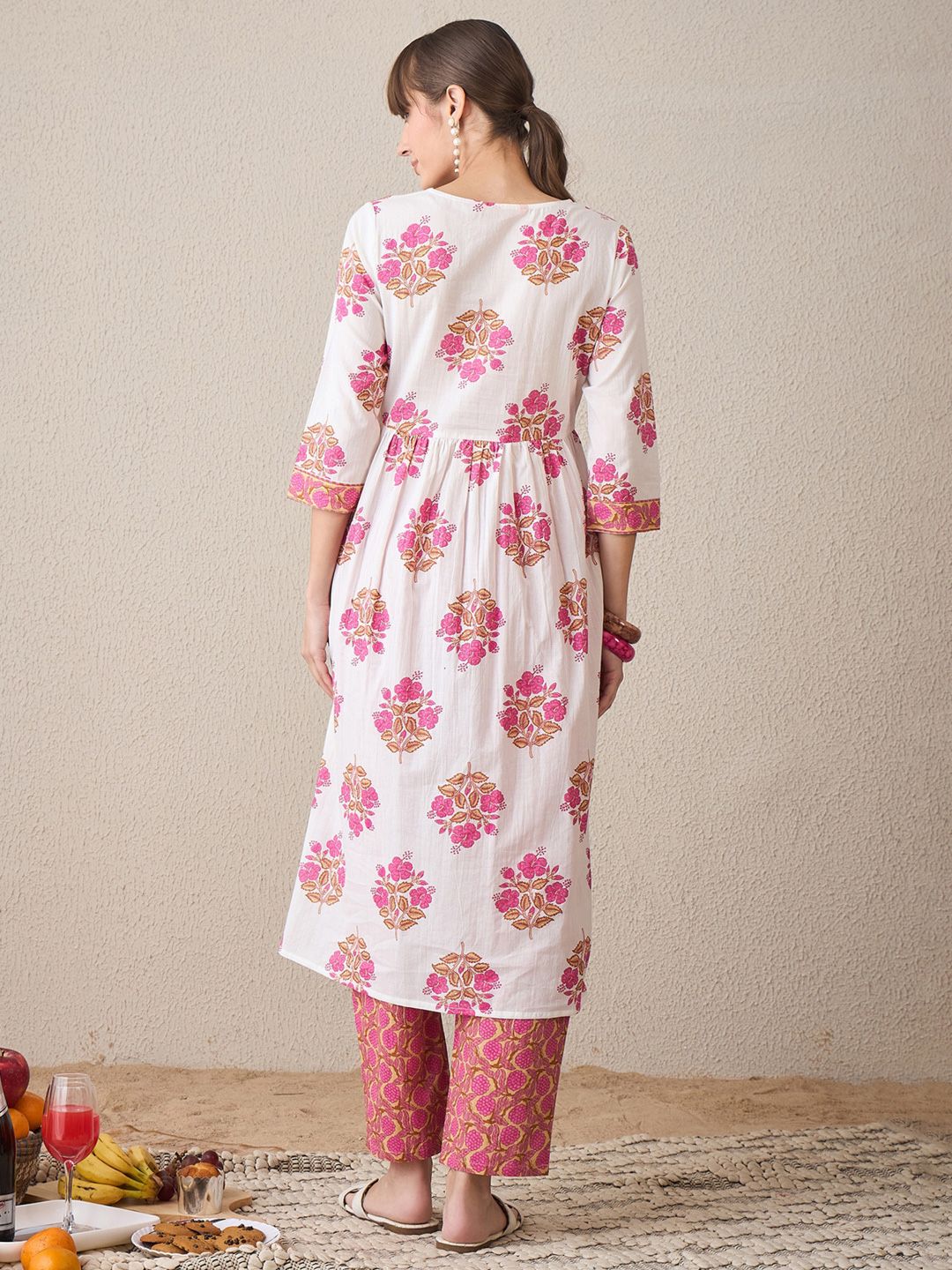 Dhiyona IE Floral Printed Notch Neck Empire Pure Cotton A-Line Kurta With Trouser