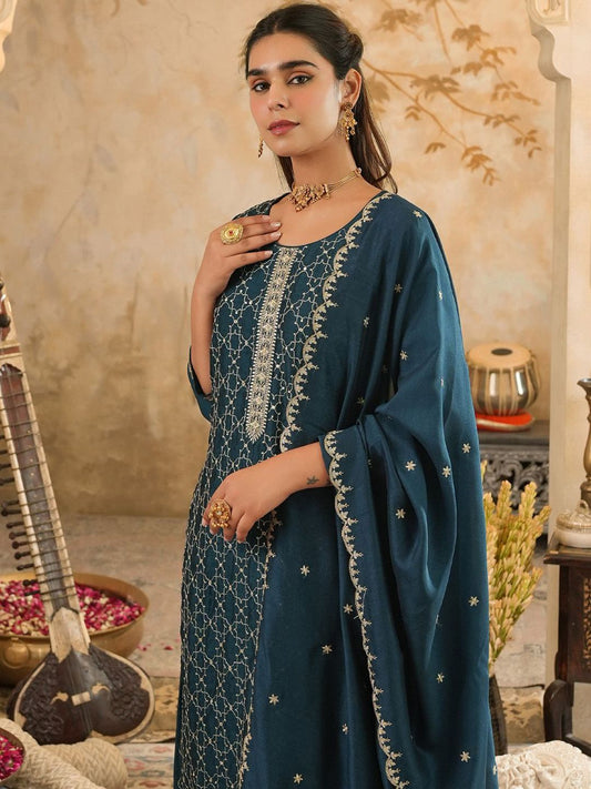 Dhiyona IE Women's Women Ethnic Motifs Embroidered Kurta with Trousers & Dupatta