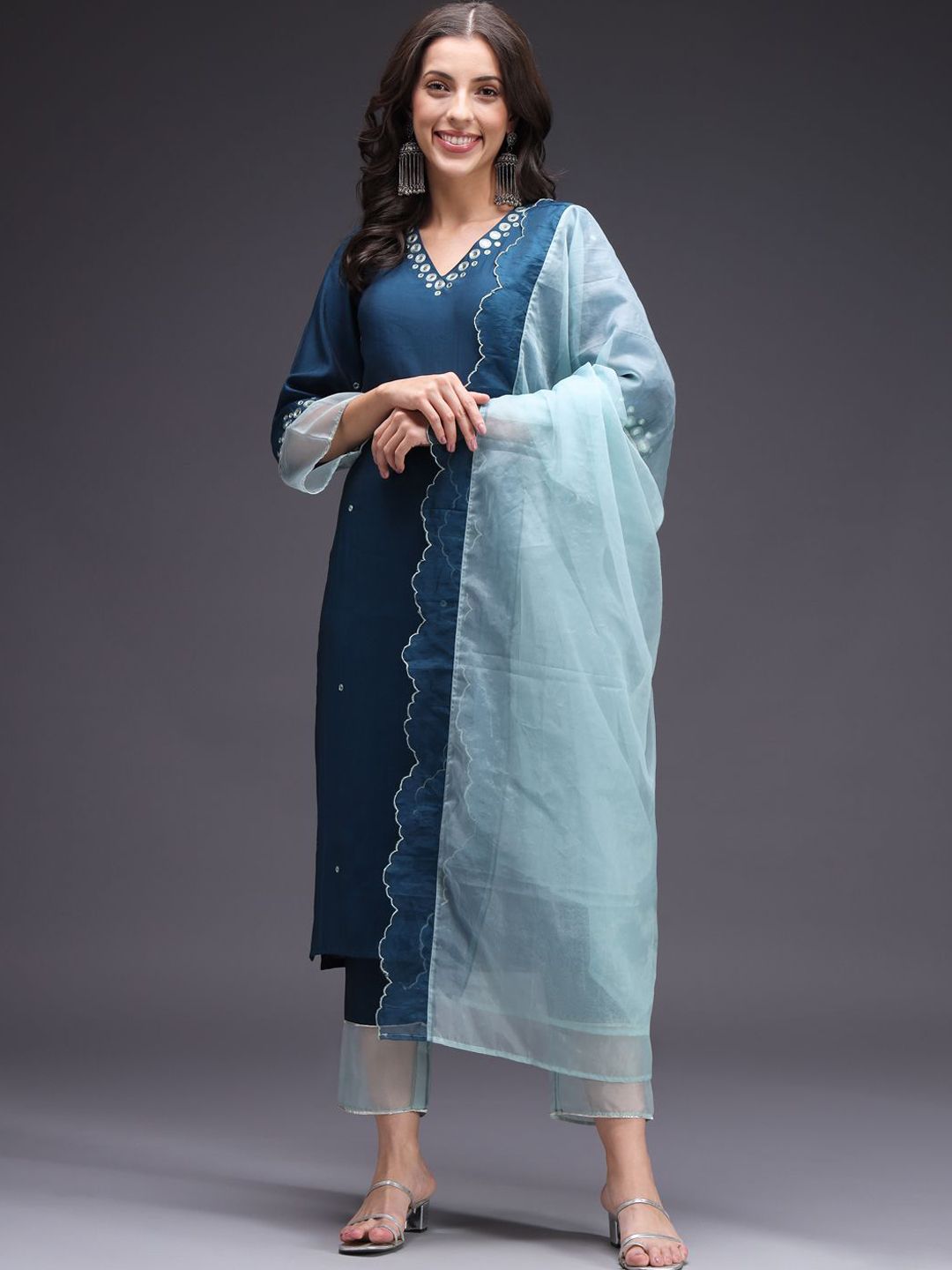 Dhiyona SN Women's Geometric Embroidered Kurta with Trousers & Dupatta
