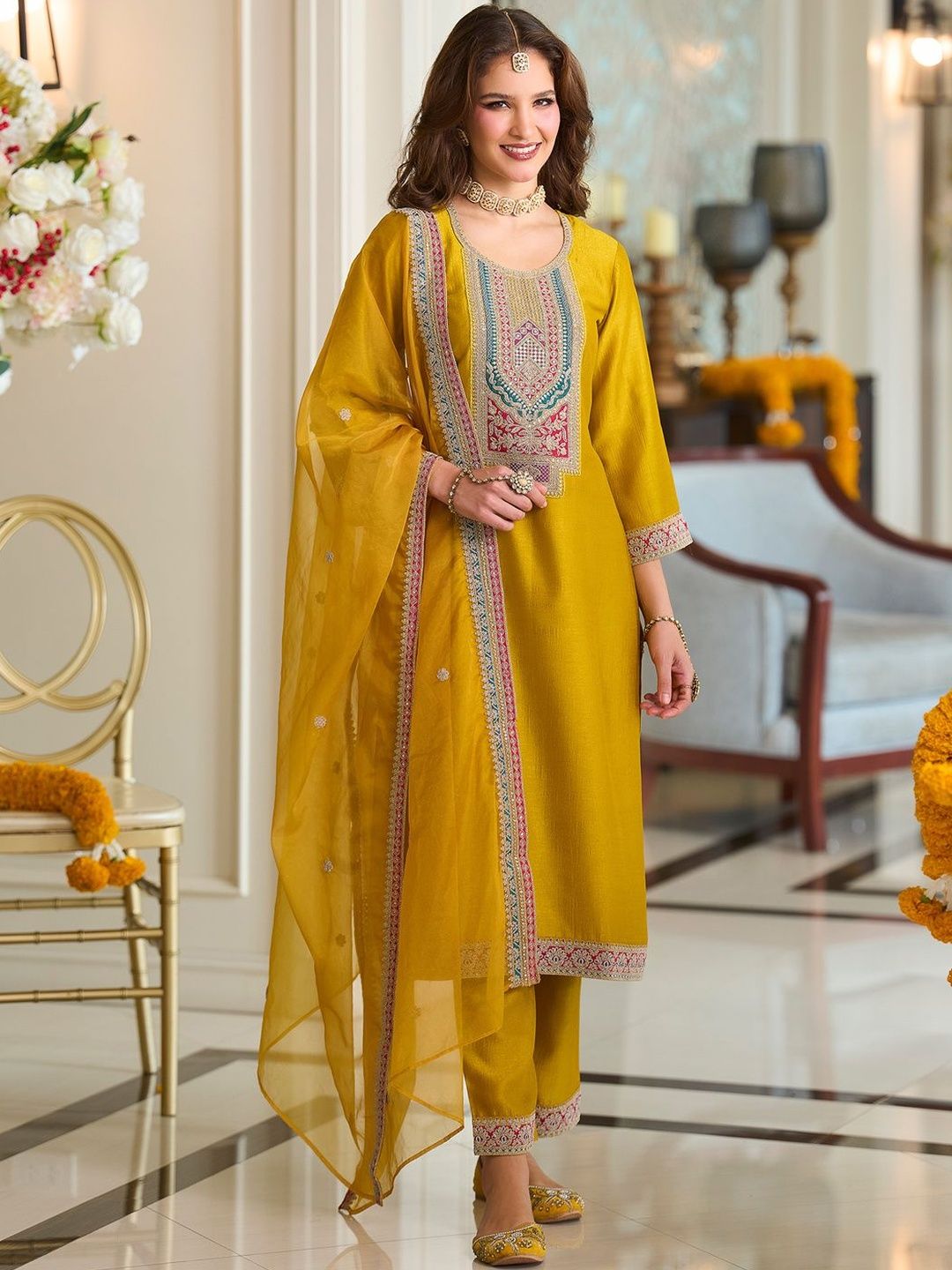 Women Ethnic Motifs Embroidered A-Line Kurta with Trousers & Dupatta