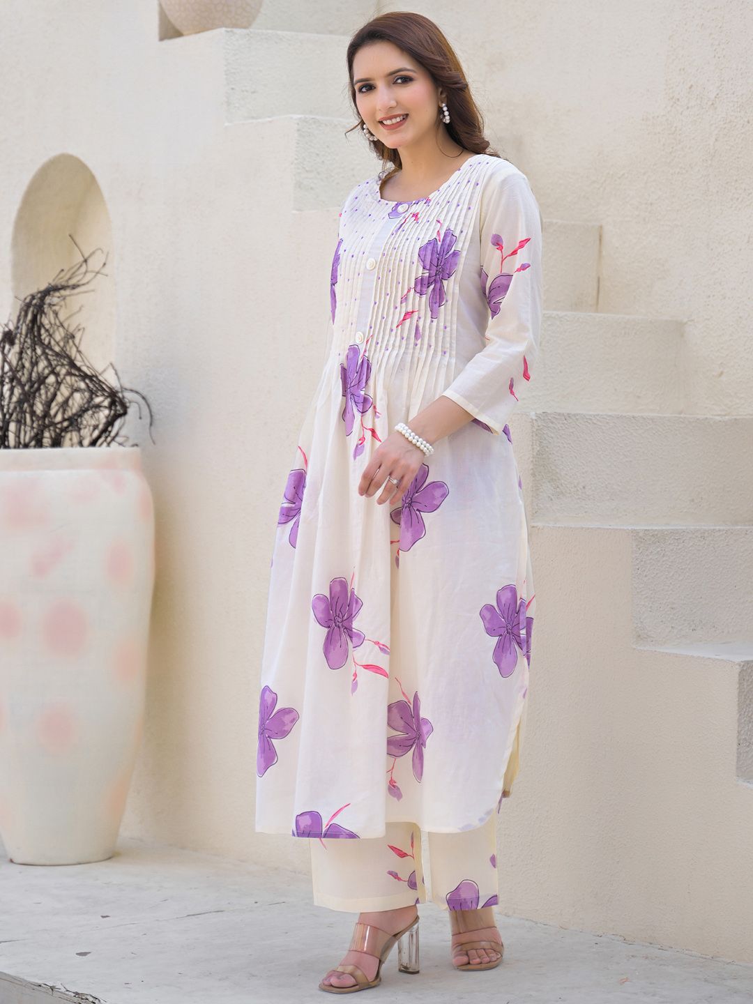 Floral Printed Round Neck Pleated Pure Cotton A-Line Kurta With Palazzos